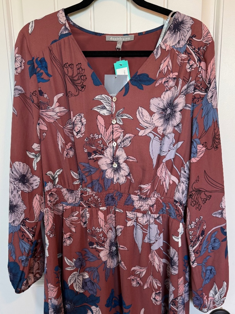 Daniel Rainn Size Large Paprika Floral Long Sleeve Smocked Waist Mini Dress NWT